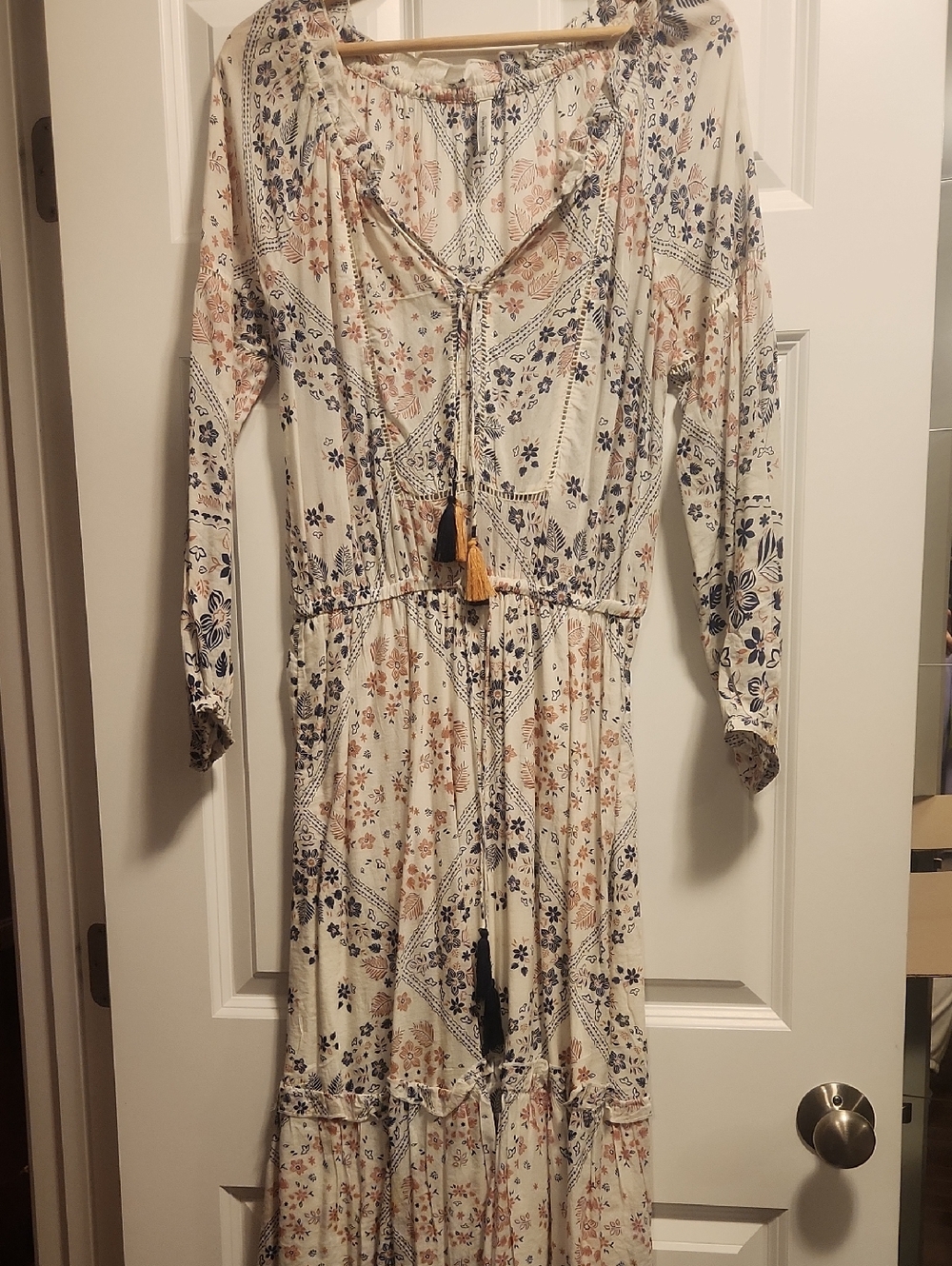 Pepe Jeans Boho Floral Maxi Dress in Cream with Tassel Ties